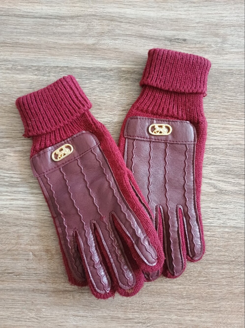 Coach Burgundy Leather & Knit Gloves with Gold Accent